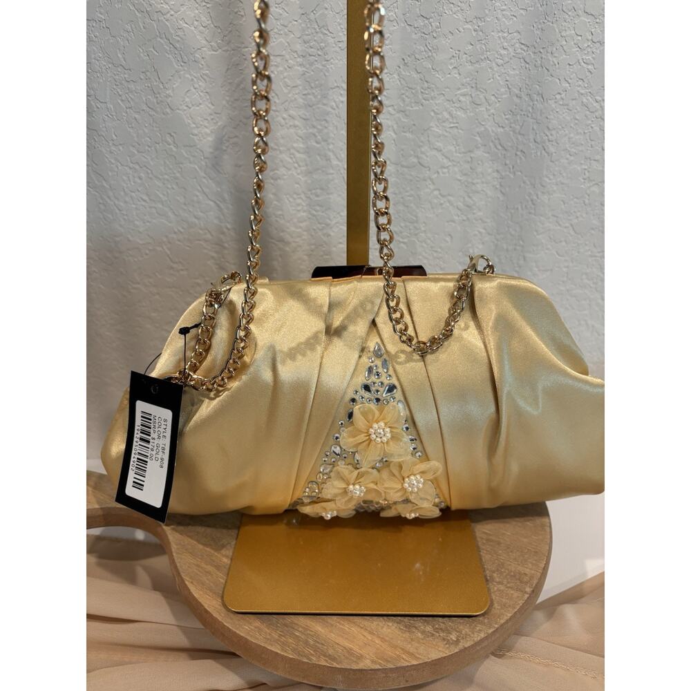 Elegant Gold Satin Evening Clutch Purse NWT Floral Rhinestone Chain Strap